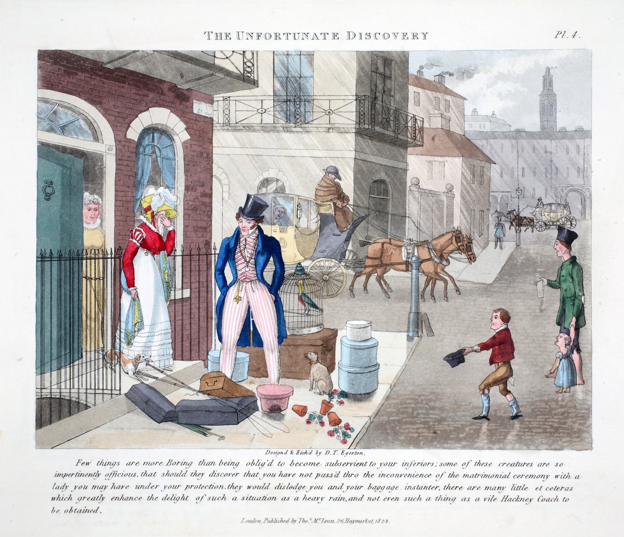 The Unfortunate Discovery, illustrasjon fra "Fashionable Bores or Coolers in High Life" av Peter Quiz, pub. Thomas McLean, London 1824 (håndfarget gravering) av Daniel Thomas Egerton