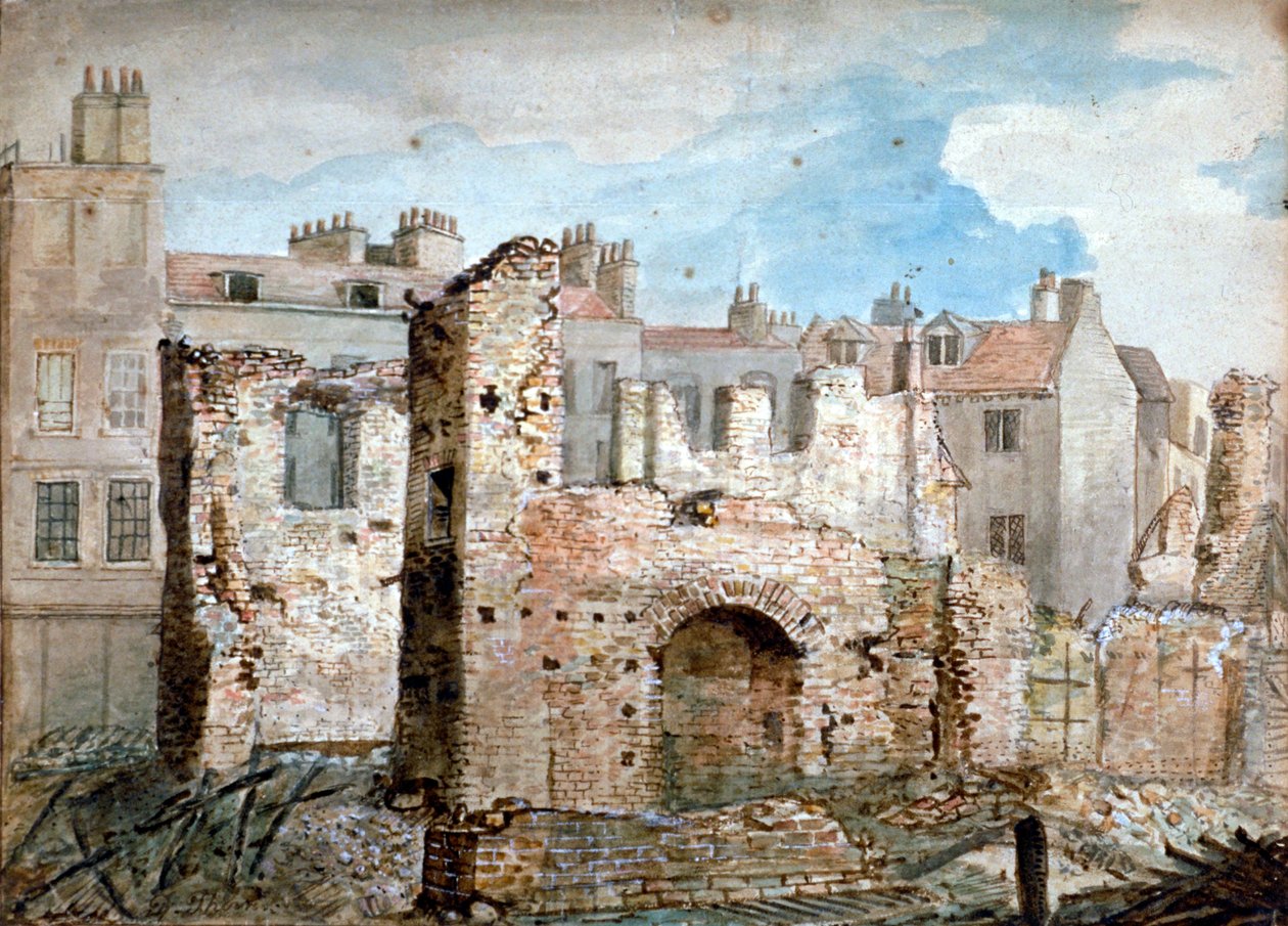 Ruiner av en brannskadet bygning i Bear Yard, Westminster, London, 1809. av Daniel Thorn