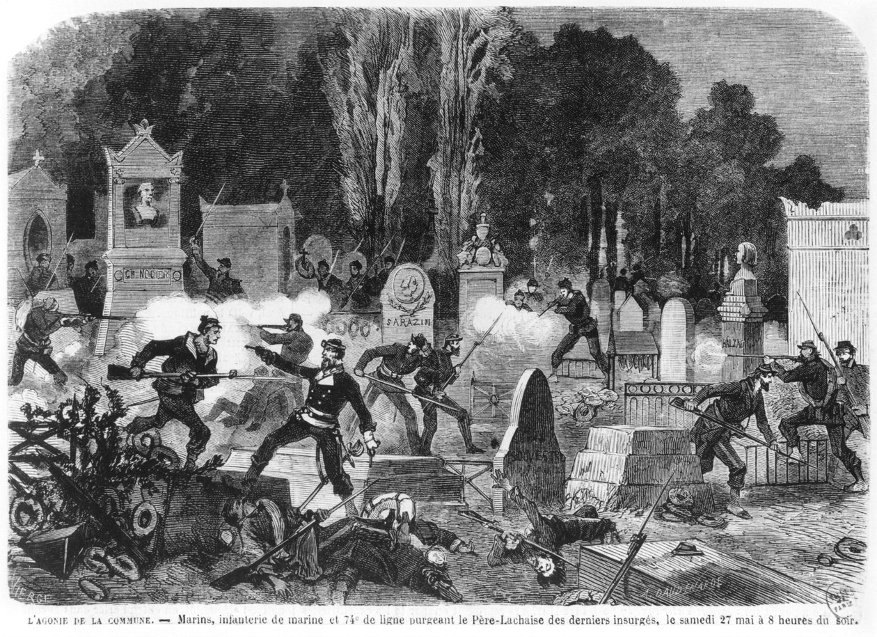Agony of the Commune, siste kamper på kirkegården i Pere Lachaise, gravert av Louis Joseph Amedee Daudenarde (d.1907) illustrasjon fra 