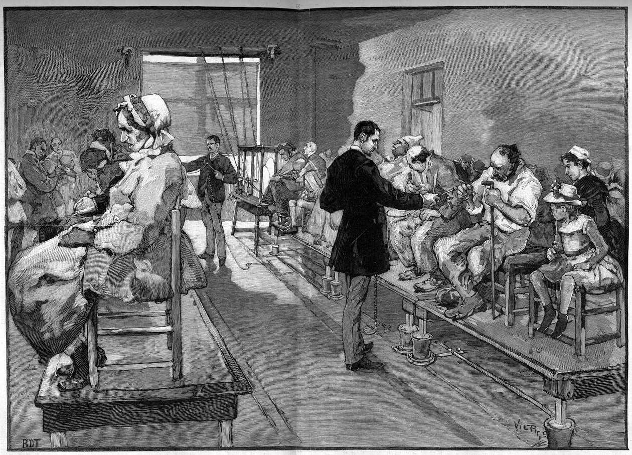 Elektroterapi av Salpetriere, her de elektriske badene og lokalisert elektrifisering i 1887 av Daniel Urrabieta Vierge