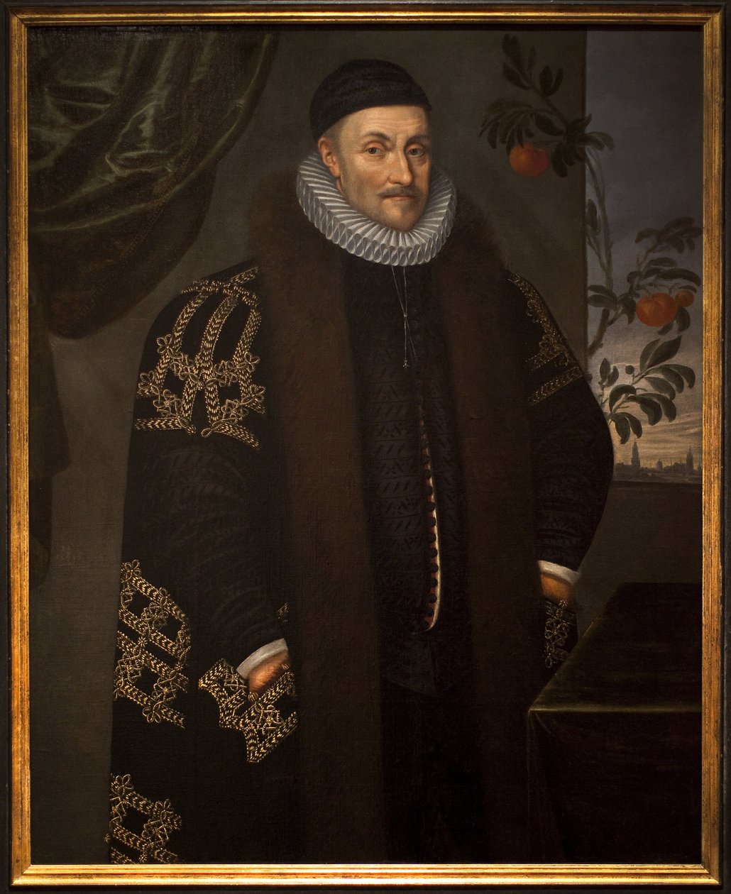 William (Willem eller William) av Orange (1533-1584). Guillaume de Nassau, Prince of Orange, kjent som Guillaume den fåmælte, grunnleggeren av Orange Nassau, beskrevet foran byen Delft (Nederland). På 1600-tallet, et appelsintre, symbol på famil av Daniël van den Queborn