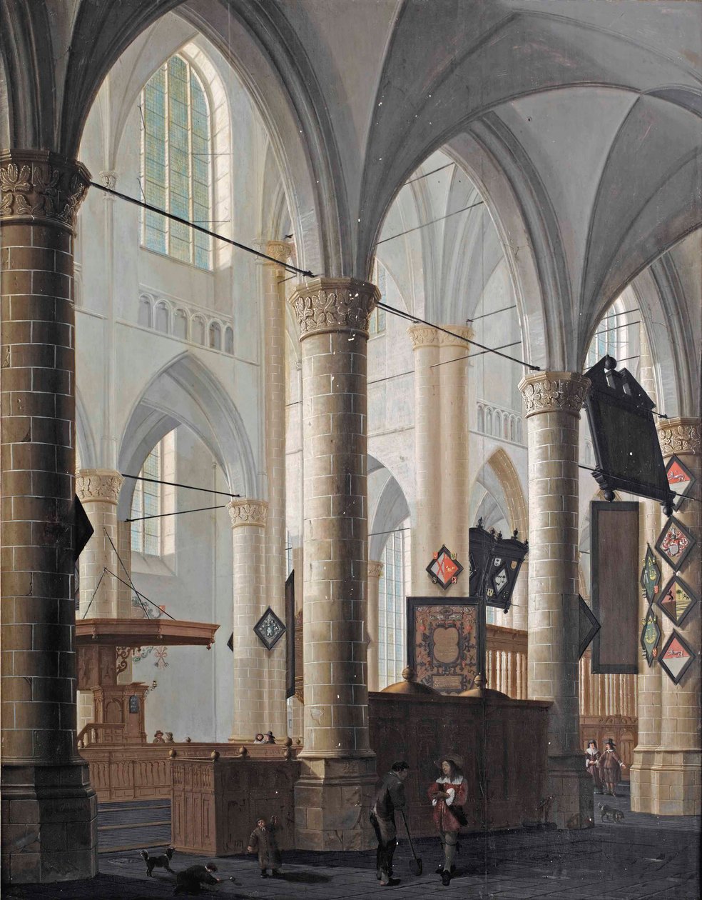Interiøret i Grote Kerk i Dordrecht, med figurer som snakker og barn som leker av Daniel de Blieck