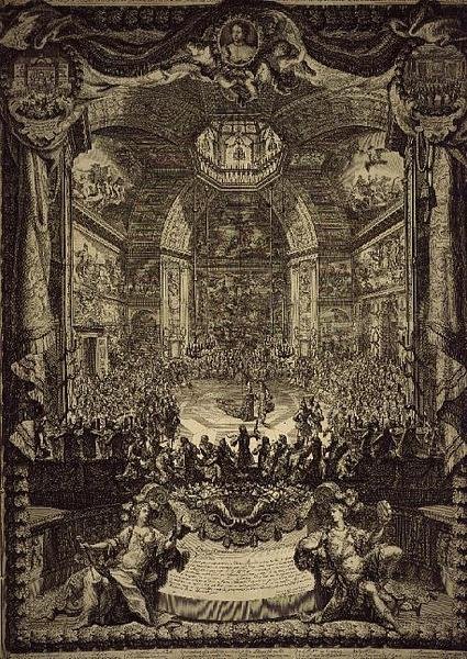 Den store festen til H.R.H. prinsessen av Orange, feiret i desember 1686 i Salon du Bois i Haag, til ære for fødselsdagen til prinsen av Orange (gravering) av Daniel the Elder Marot