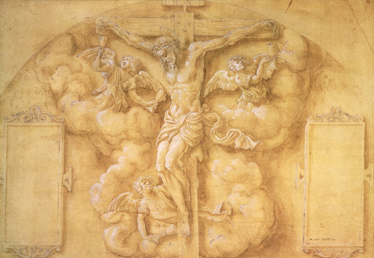 The Crucifixion, 1547 (blyant forhøyet med hvitt på papir) av Daniele da Volterra