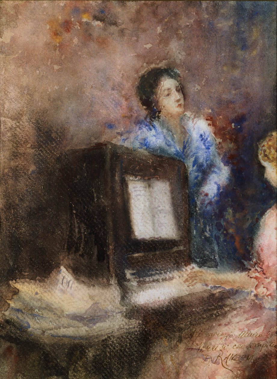 At the Piano, av Daniele Ranzoni, akvarell på papir av Danielle Ranzoni