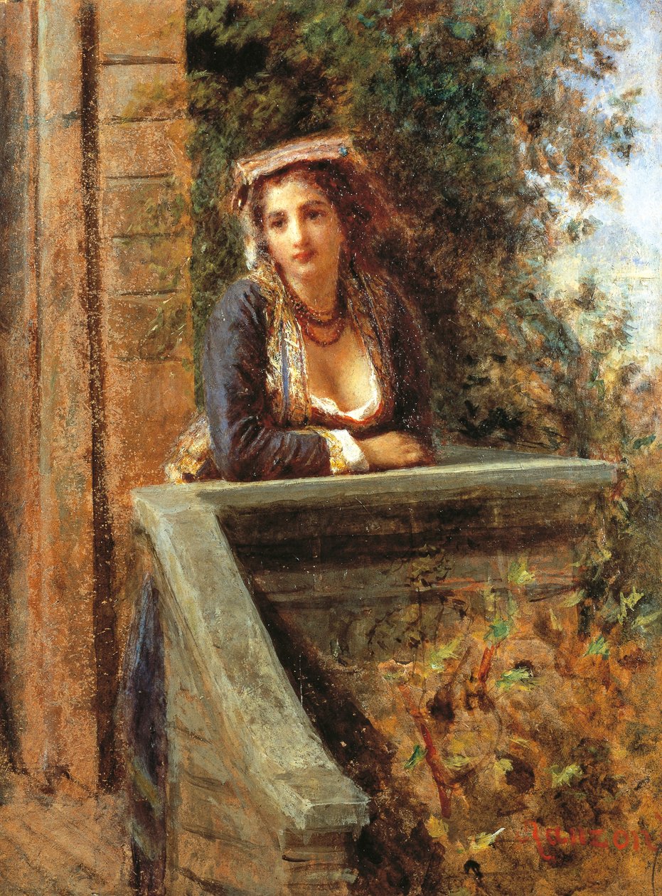 Ung jente ved vinduet eller ung kvinne på balkongen, av Daniele Ranzoni (1843-1889), olje på papir montert på tre, 44x33 cm av Danielle Ranzoni