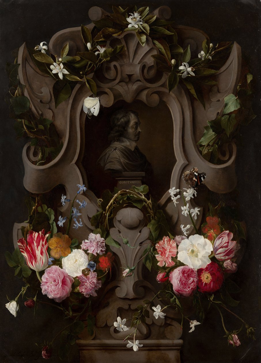 Blomsterkartusj rundt en byste av Daniel Seghers