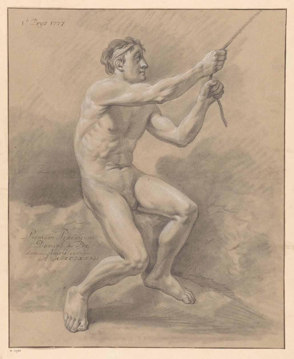 Sittende mann naken, sett fra siden (1. premie 1777) av Daniël Dupré