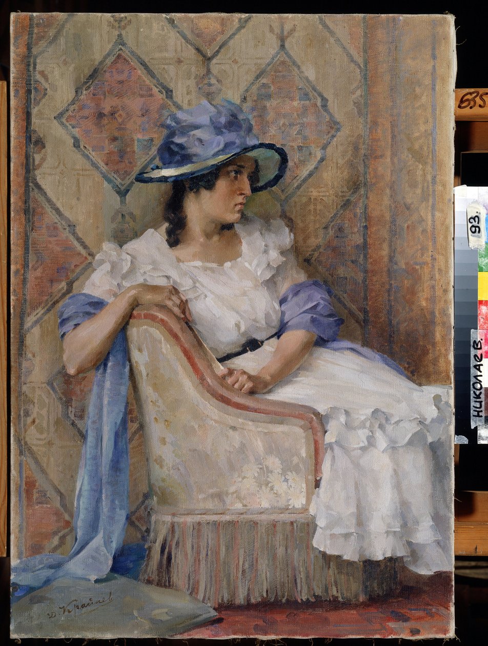 Kvinne i hvitt (Lady in white). Maleri av Danill Karpovich Kraynev (1872-1949), olje på lerret, moderne russisk kunst, sent 1800-begynnelse av 1900-tallet. Regionalt W. Wereshchagin kunstmuseum, Mykolaiv (Ukraina). av Danil Karpovich Kraynev