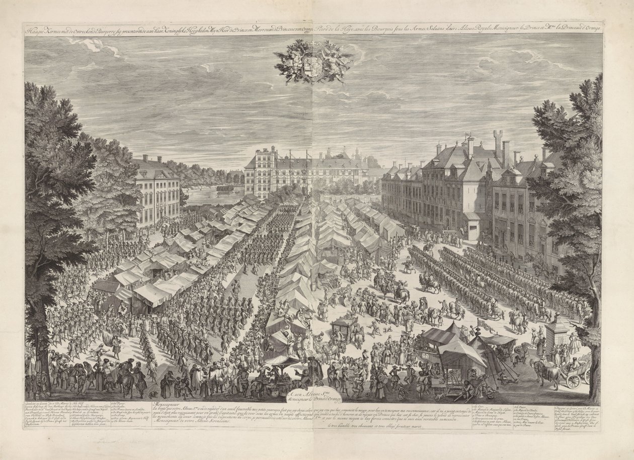 Haag-messen med prinsen og prinsessen av Orange, 1686 Haag-messen med det stigende burgerry-signet som presenterer for hennes kongelige høyheter min herre prinsen og fruen prinsessen av Orange / Foire de la Haye, avec les bourgois sous les armes, sa av Daniël Marot (I)