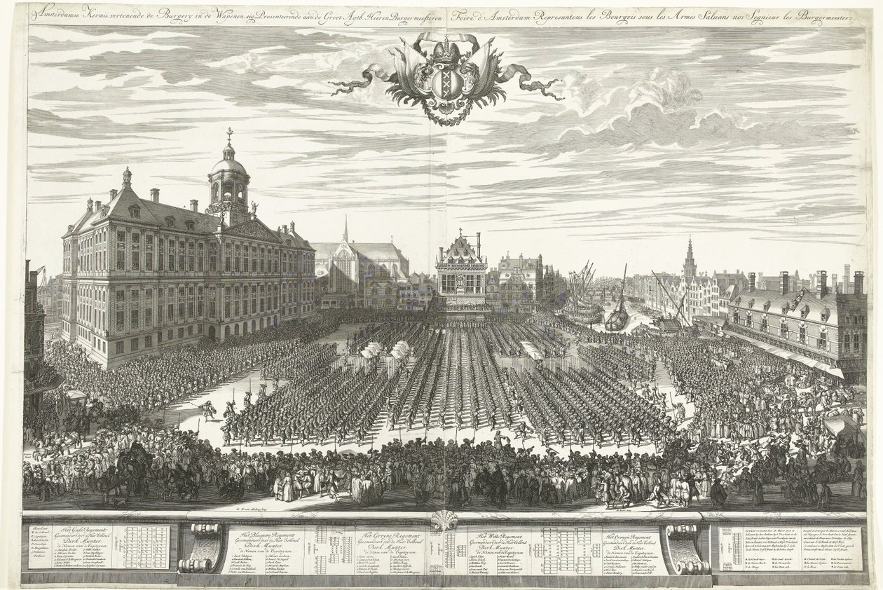 Skyttere på Dam-plassen under Amsterdam-messen, 1686 Amsterdam-messen som viser Burgery in the Arms, sig Presenterer til Groot Agtb: Heeren Burgermeesteren (tittel på objekt) Foire d' Amsterdam Represanten les Bourgois sous les Armes av Daniël Marot (I)