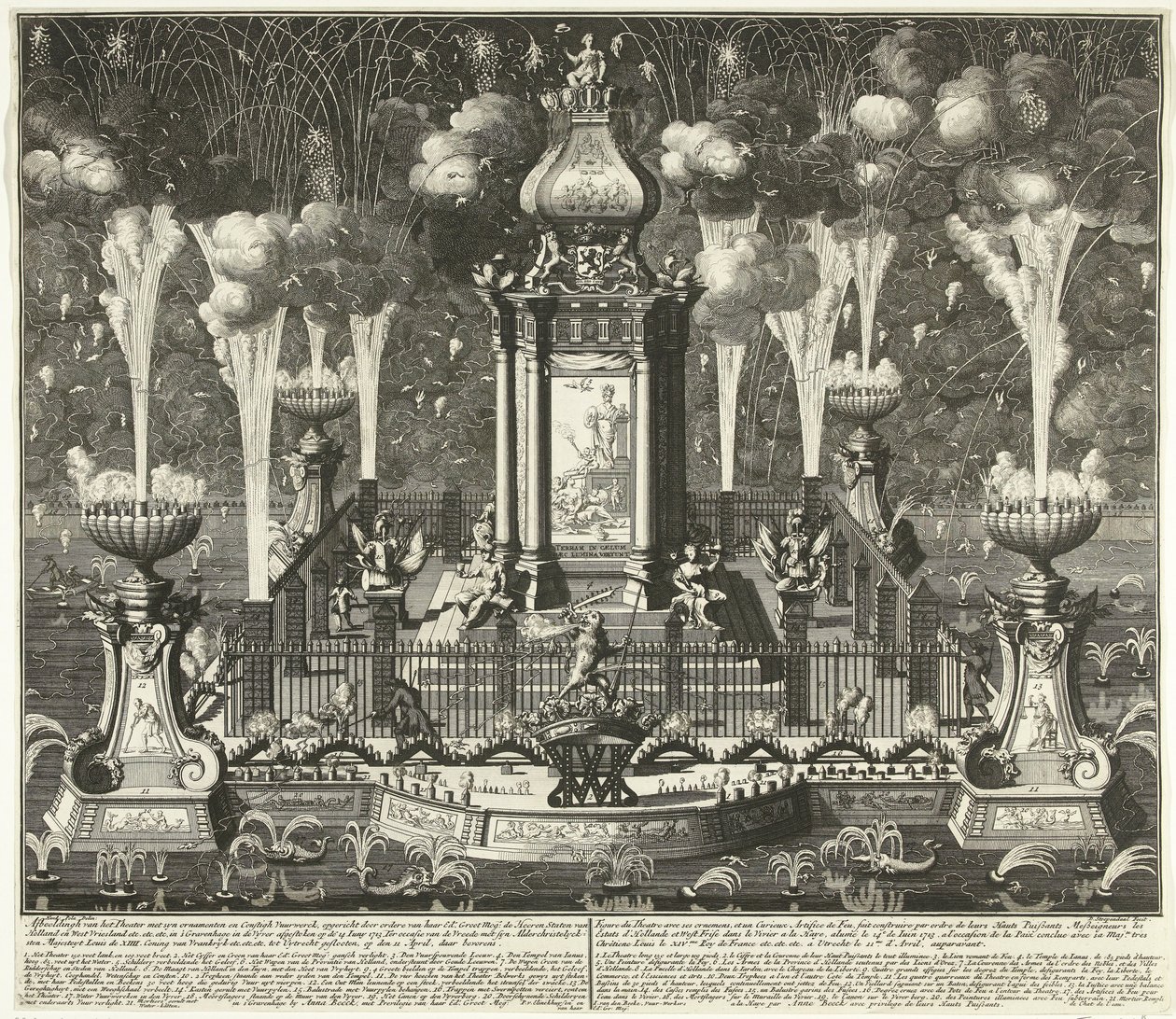 Fyrverkeri ved feiringen av Utrecht-traktaten, 1713 Bilde av teatret med syn ornamenter og constigh fyrverkeri, reist av ordere van Haar Ed. Groot Mog: Heeren Staten van Holland og West Vriesland (...) i Haag, i vyver ( av Daniël Stopendaal