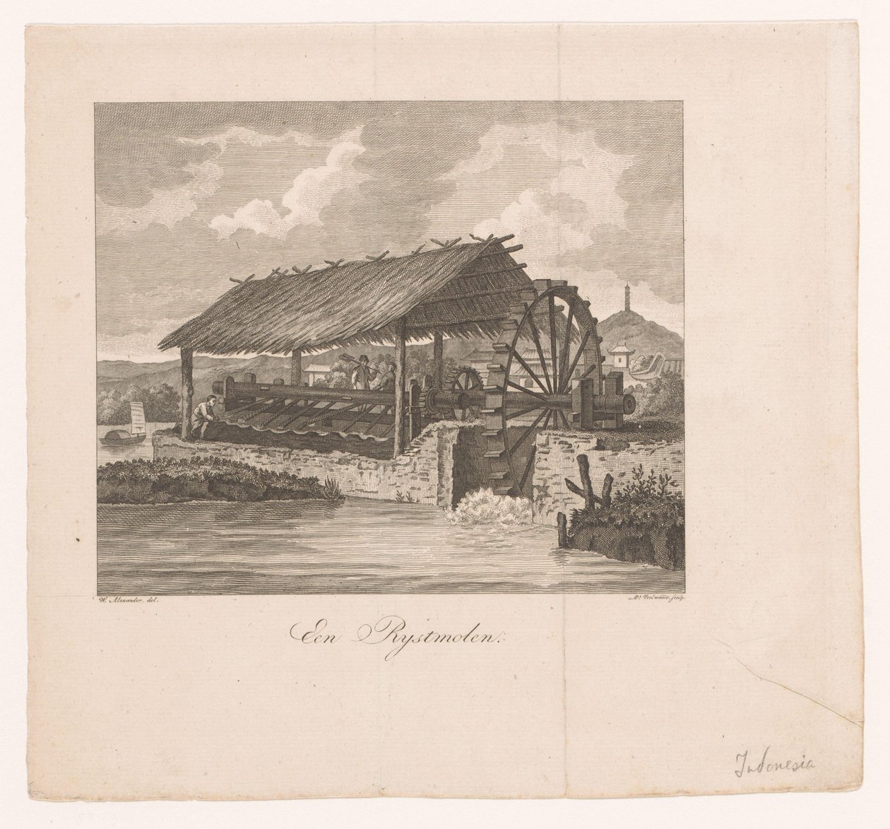 Rismølle drevet av et vannhjul A Rice Mill (tittel på objekt) av Daniël Veelwaard (I)