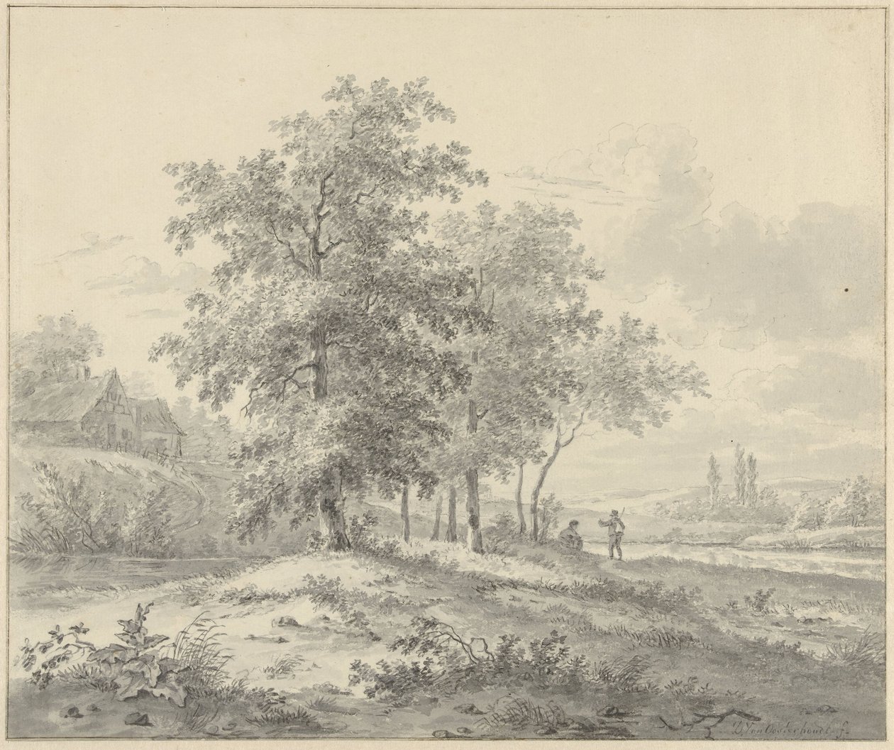 Landskap med to figurer under trær av Daniël van Oosterhoudt (possibly)