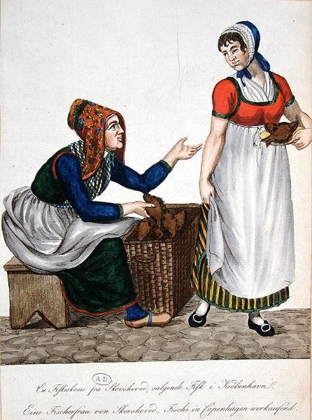 Fiskekone fra Skovshoved som selger fisk i København, tidlig på 1800-tallet (farge litho) av Danish School