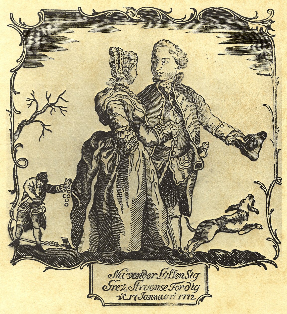 Lykken snur for deg, grev Struensee! 1772 (tresnitt) av Danish School