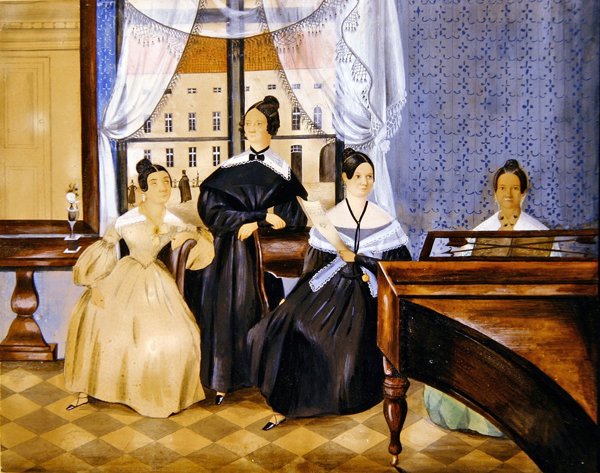 The Piano Recital, ca. 1830 (akvarell med gouache på papir) av Danish School