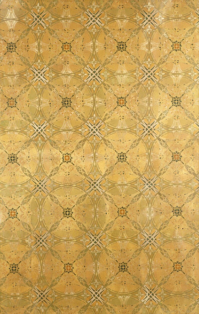 Et takpanel, med gjentatt abstrakt bladdesign i olivengrønn, oker, rød og gul, ca. 1893 av Dankmar Adler