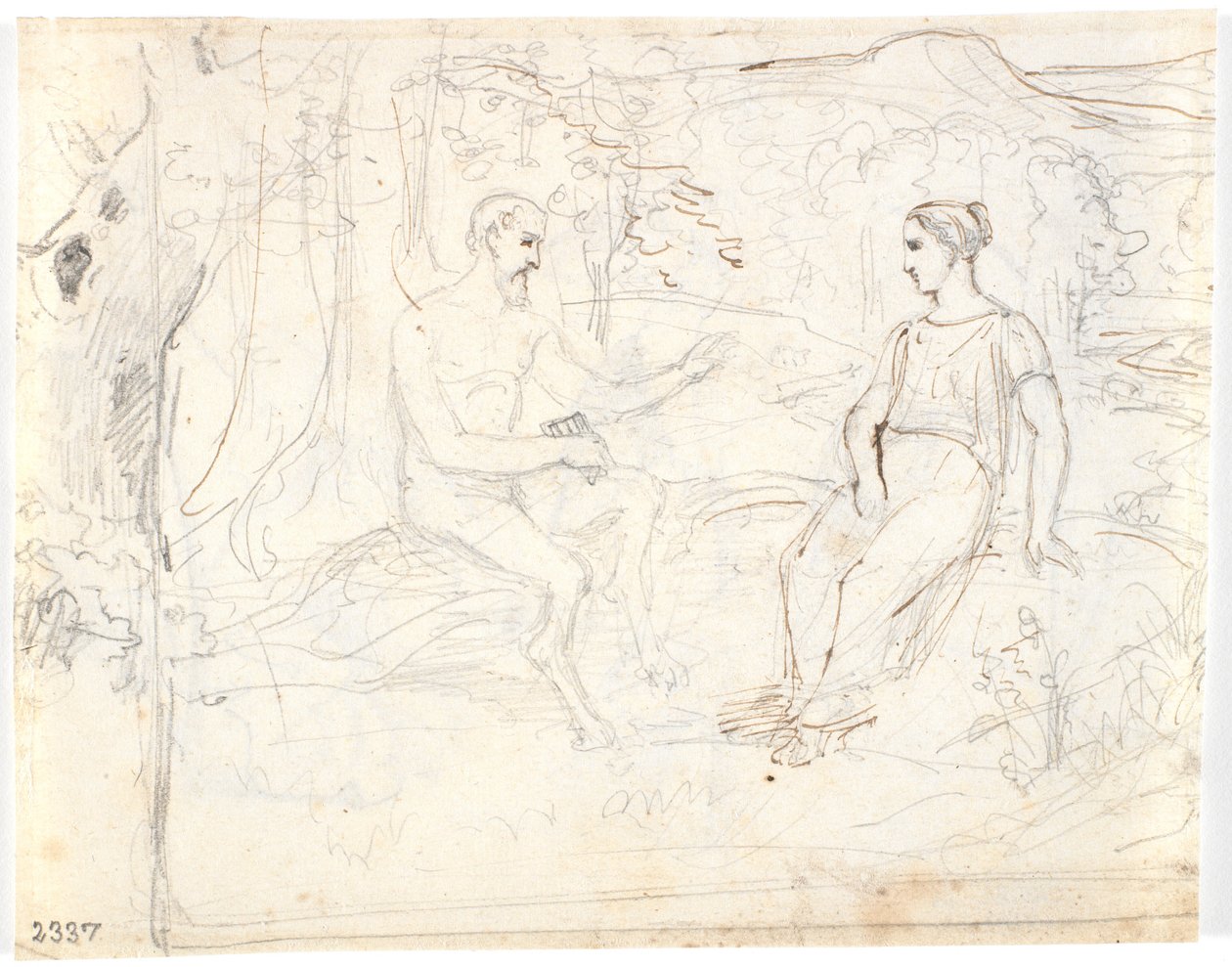 En satyr med en fløyte og en ung jente, sittende i en skog av Dankvart Dreyer