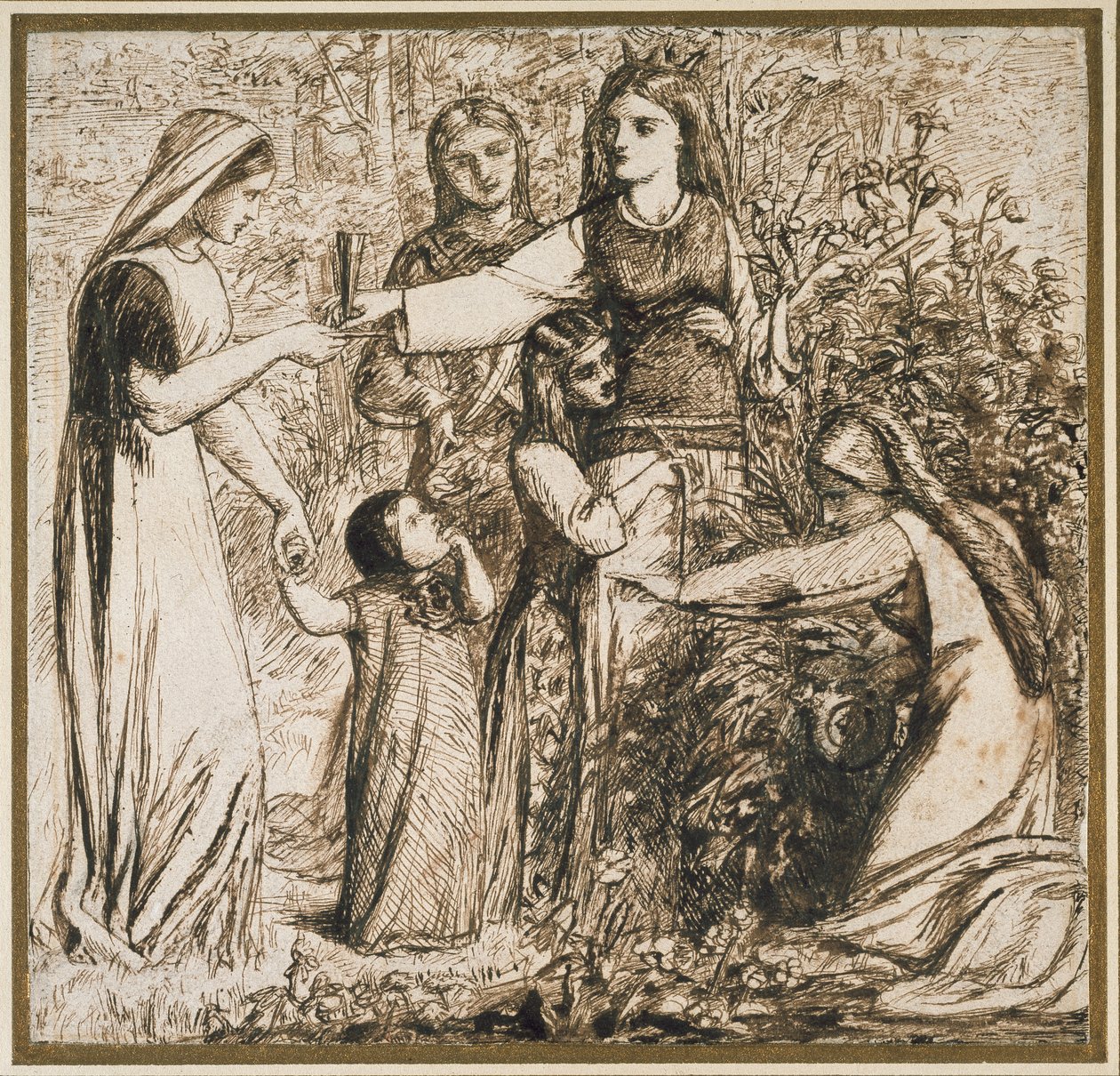 Dantes visjon om Matilda som samler blomster, 1855 (penn og brunt blekk på off-white papir) av Dante Gabriel Charles Rossetti