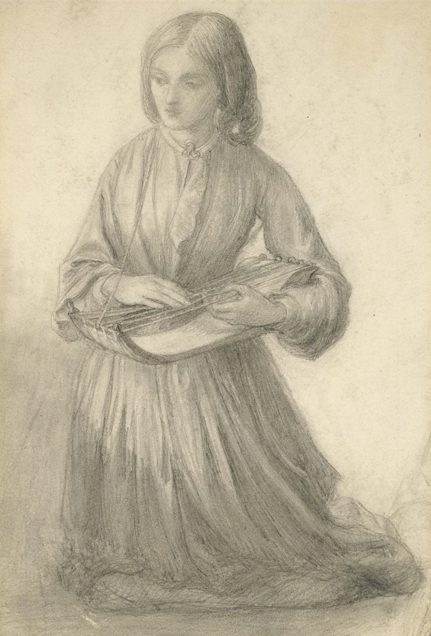 Elizabeth Siddal spiller et strykeinstrument, ca. 1852 (grafitt på off-white papir) av Dante Gabriel Charles Rossetti