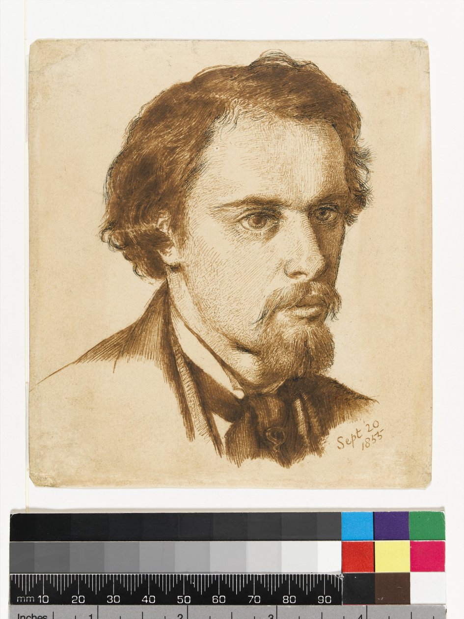 Selvportrett, 1855 (penn og indisk blekk og brunt blekk på papir) av Dante Gabriel Charles Rossetti