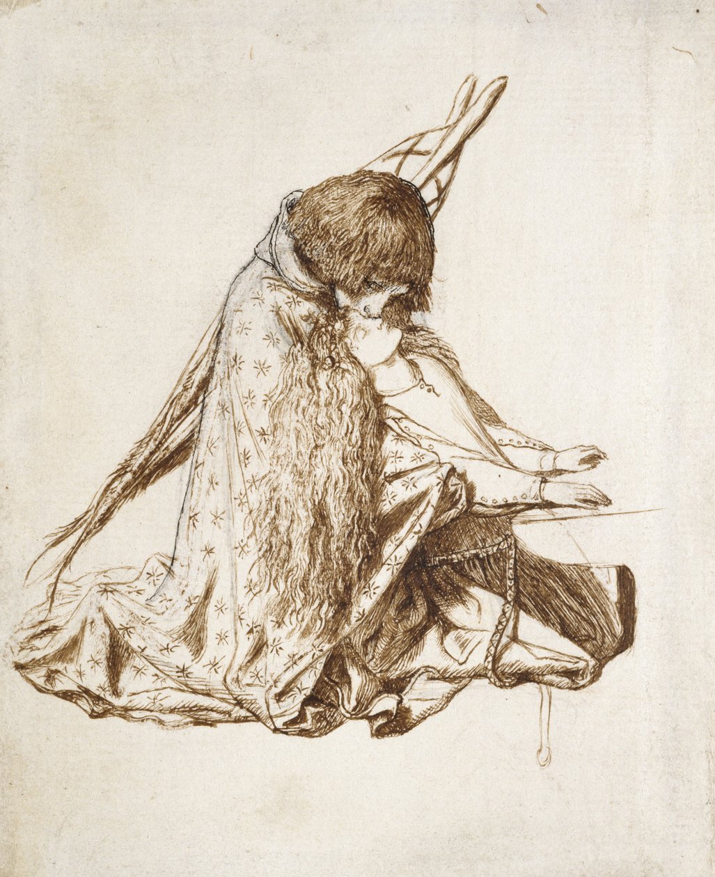 St Cecilia (penn og brunt blekk på misfarget hvitt papir) av Dante Gabriel Charles Rossetti