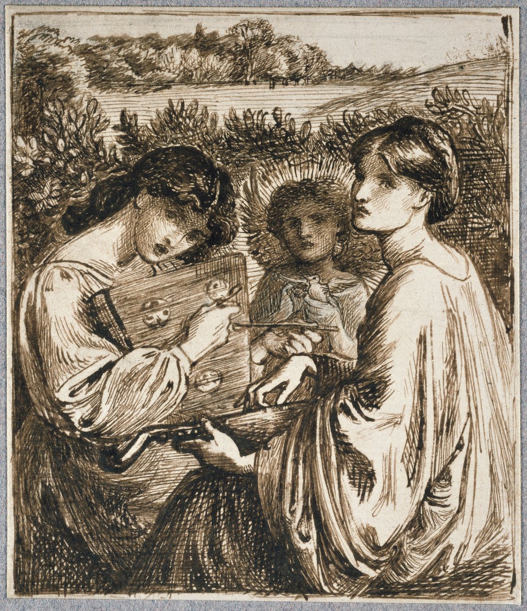 Studie for 'The Bower Meadow', 1800-tallet (penn og brunt blekk på papir) av Dante Gabriel Charles Rossetti