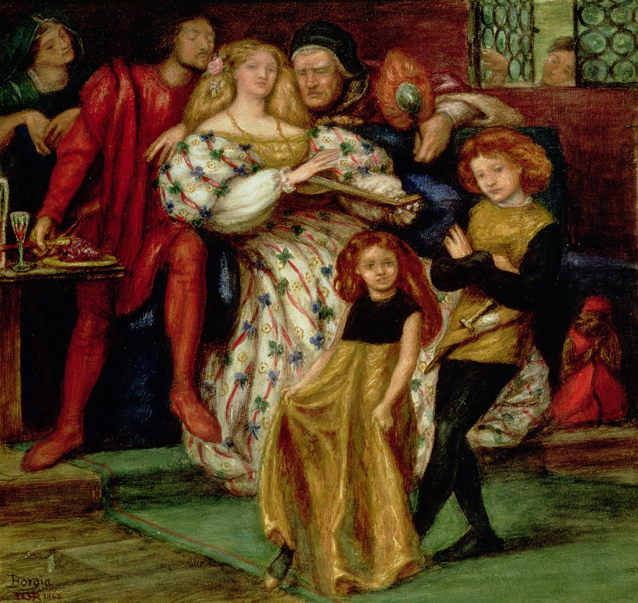 Familien Borgia, 1863 (Borgia, Lucretia (1480-1519): med familien hennes, blant andre pave Alexander VI.) av Dante Gabriel Charles Rossetti
