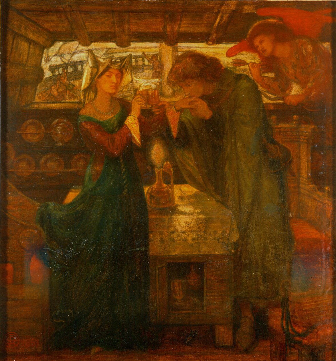 Tristram og Isolde drikker kjærlighetsdrikken, 1867 (blandet media) av Dante Gabriel Charles Rossetti