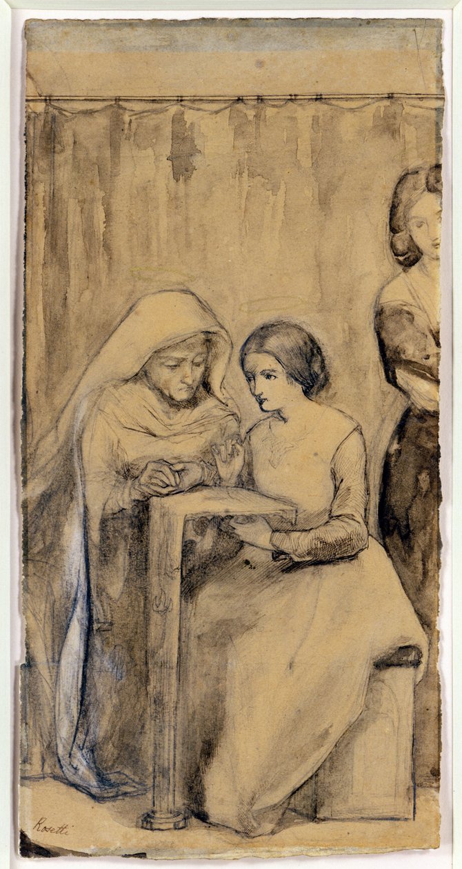 Studie for The Girlhood of Virgin Mary (penn og blekk og blyant med vask på papir) av Dante Gabriel Charles Rossetti