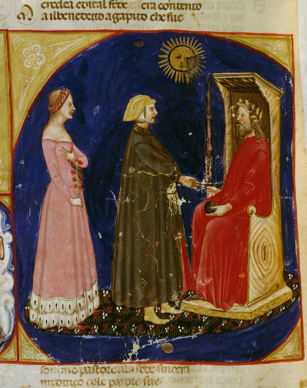 Dante og Beatrice møter Justinian, scene fra Paradise, Canto VI, fra The Divine Comedy av Dante Alighieri (1265-1321), Veneto-miniatyr, Italia av Dante Alighieri