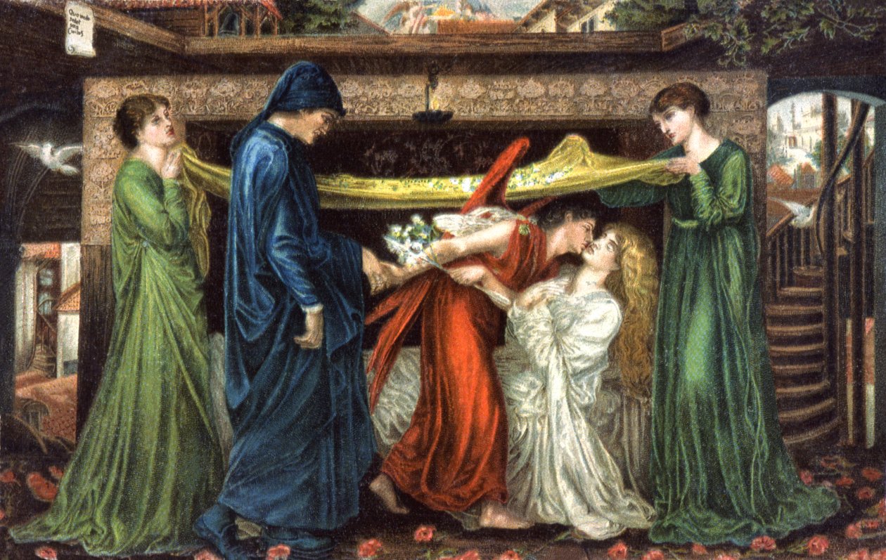 Dante Alighieri møter Beatrice, ca 1900 (postkort) av Dante Gabriel (after) Rossetti