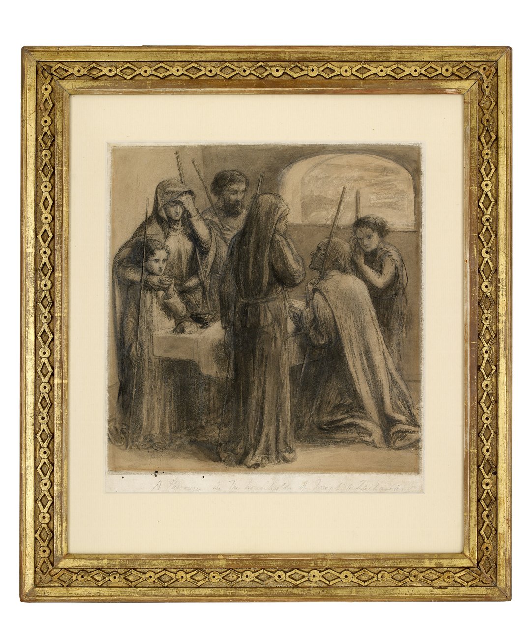 En påske i husholdningen til Josef og Sakarias, ca. 1850 (grafitt og penn og svart blekk og grå vask på hvitt papir) av Dante Gabriel Charles Rossetti