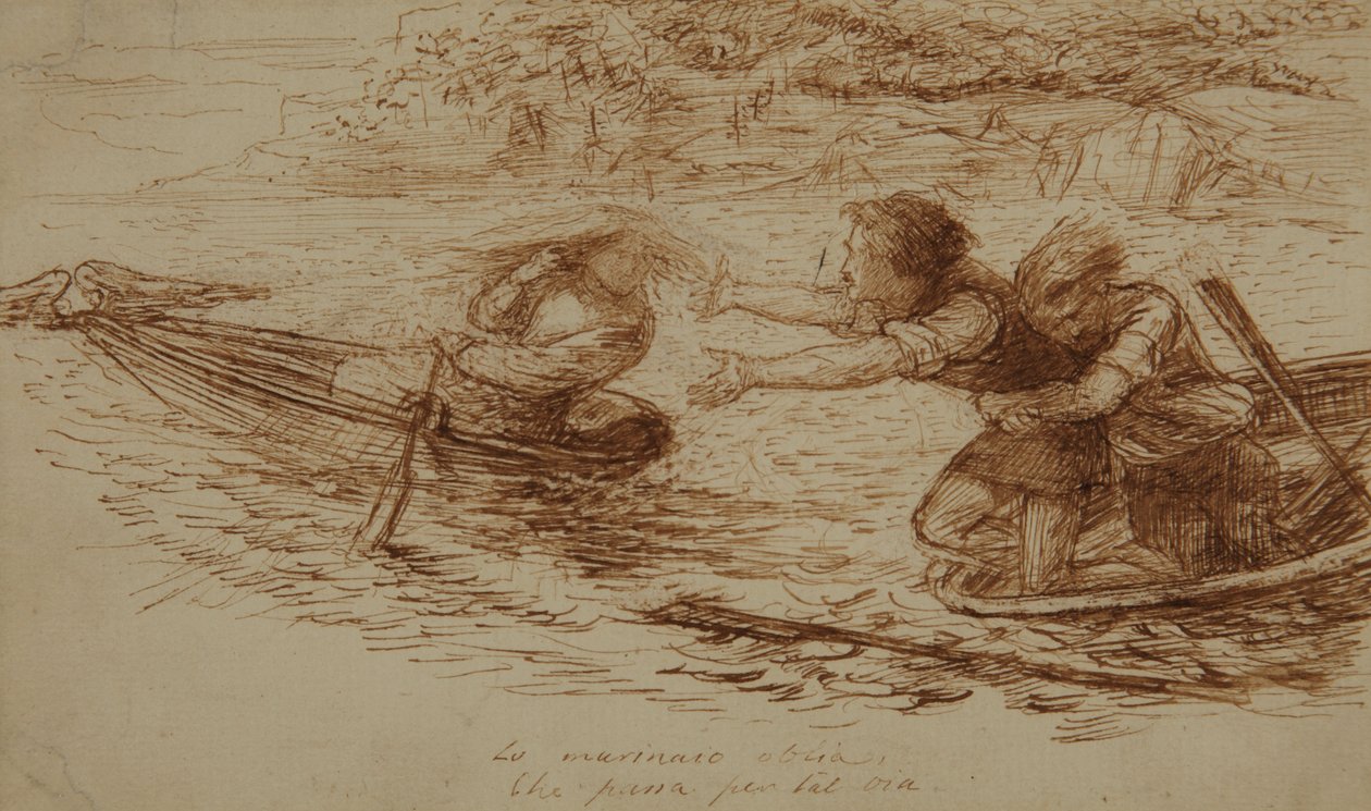 Båtmenn og sirene, ca. 1853 (penn og blekk på papir) av Dante Gabriel Charles Rossetti
