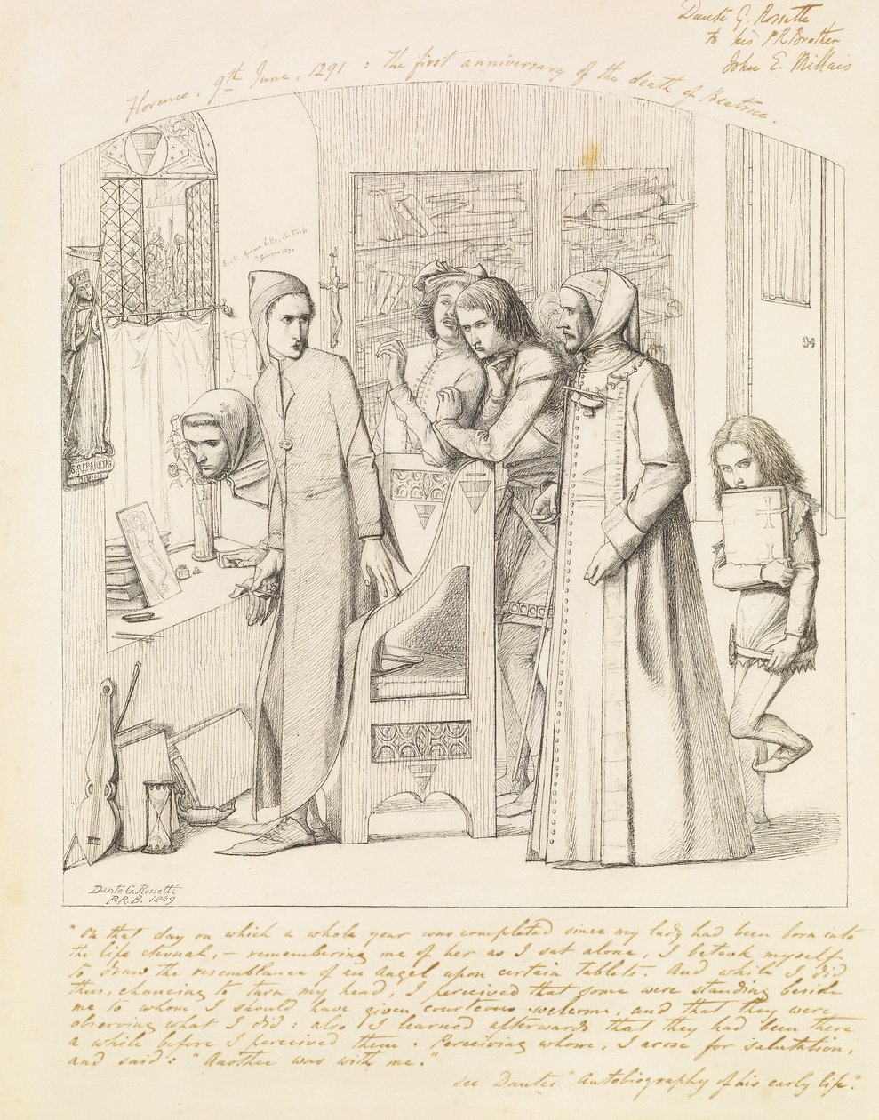 Dante tegner en engel på førsteårsdagen for Beatrices død, 1848-9 av Dante Gabriel Charles Rossetti