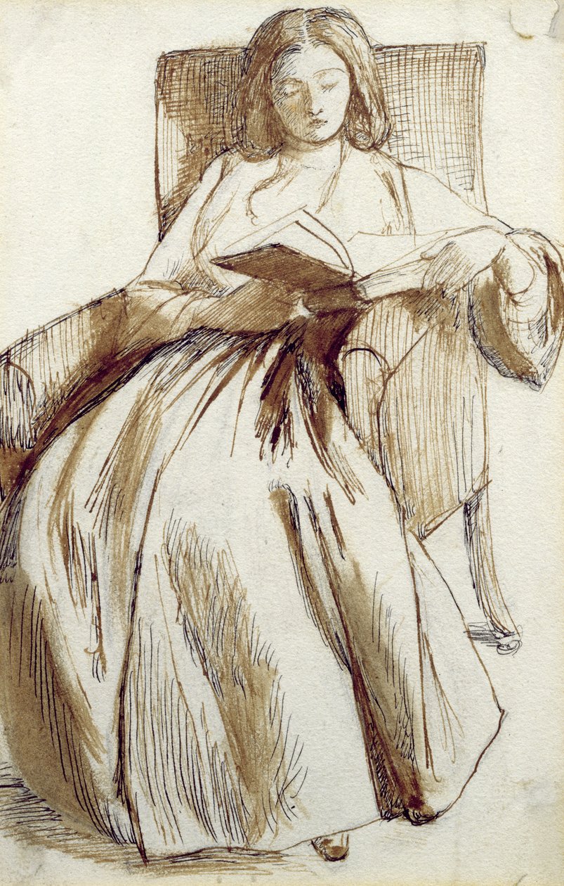 Elizabeth Siddal Leser en bok (penn og blekk og vask) av Dante Gabriel Charles Rossetti