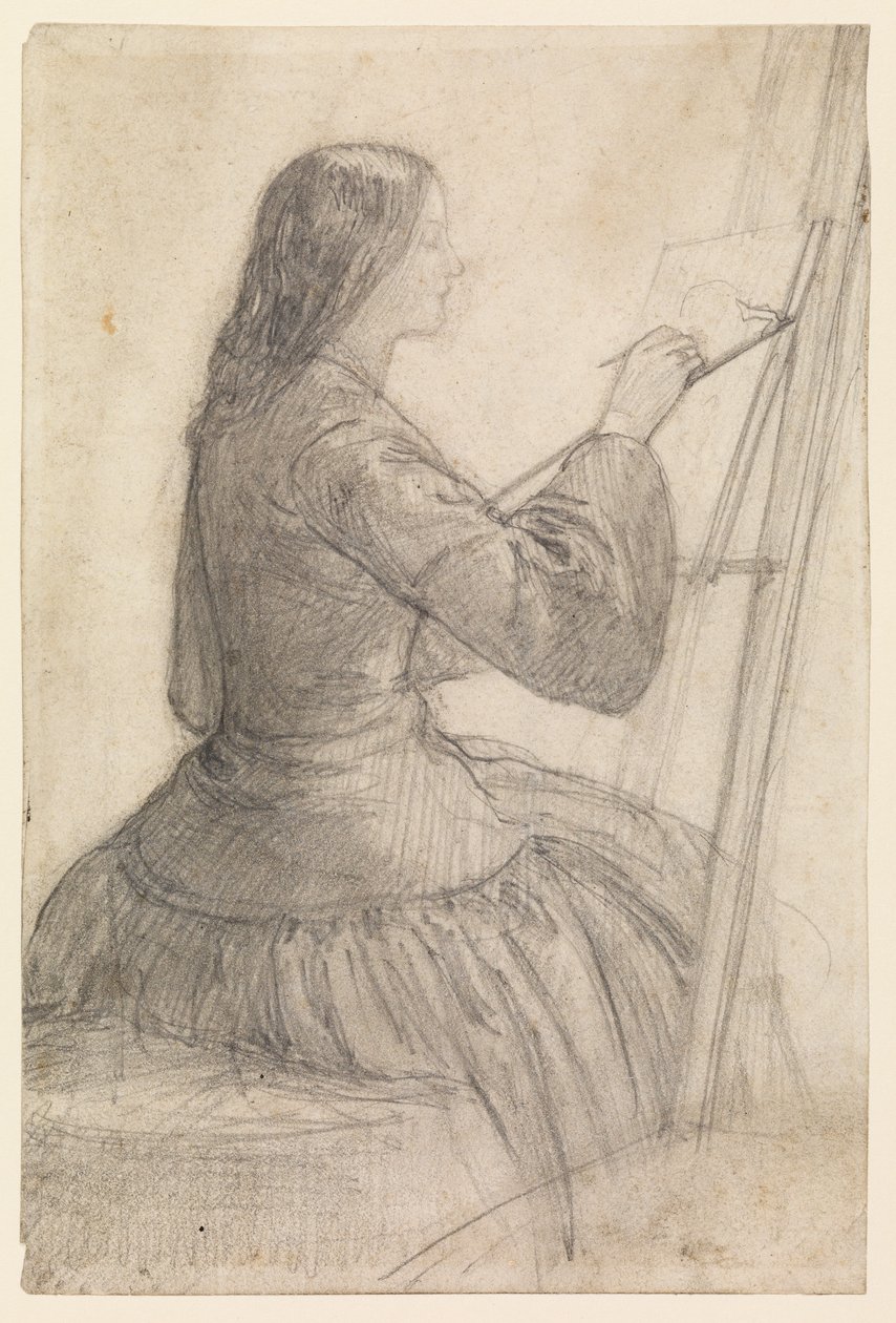 Elizabeth Siddal sittende ved et staffeli, maleri, 1854-55 ca av Dante Gabriel Charles Rossetti