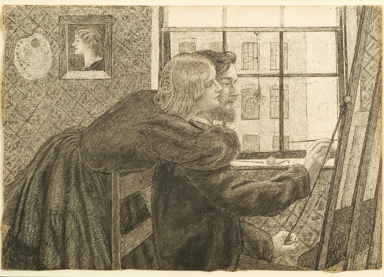G P Boyce med Fanny Cornforth i Rossettis Studio, Chatham Place, ca. 1858 (blekk på papir) av Dante Gabriel Charles Rossetti