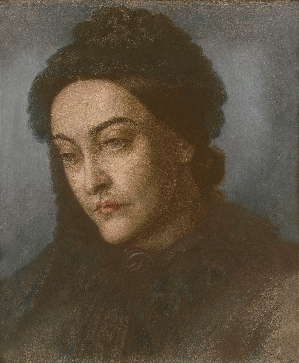 Portrett av Christina Rossetti, hode og skuldre, dreid tre fjerdedeler til venstre, 1877 av Dante Gabriel Charles Rossetti