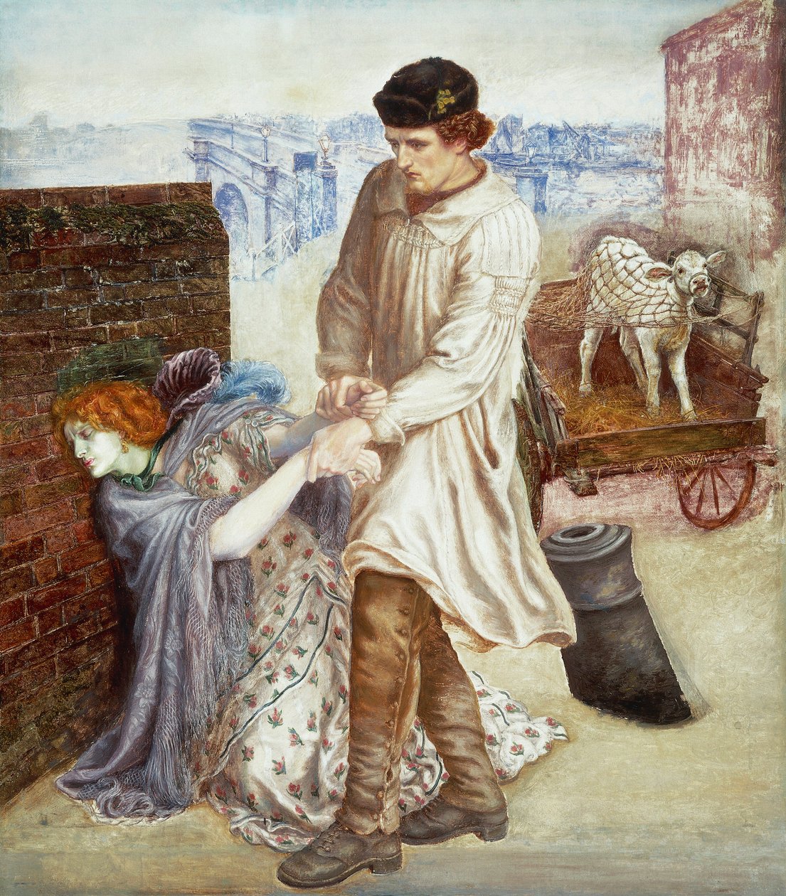 "Gjenoppdaget" En bonde som kom til byen for å selge kalven sin prøver å oppdra en syk ung prostituert med kadaverisk hudfarge 1865-1869 (maleri) av Dante Gabriel Charles Rossetti