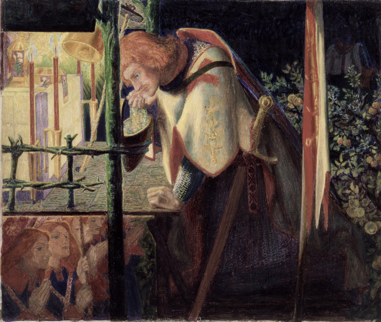 Sir Galahad ved det ødelagte kapellet, 1859 av Dante Gabriel Charles Rossetti