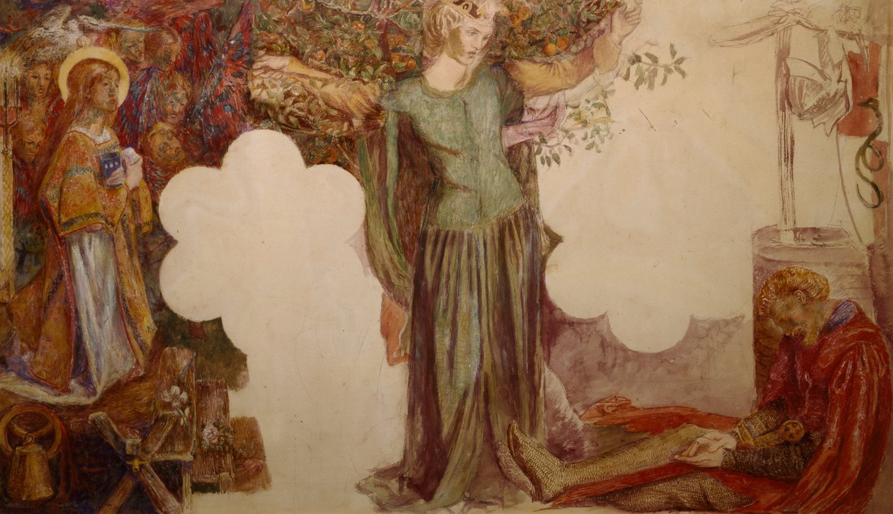 Sir Lancelot forhindret ved sin synd å gå inn i kapellet til den hellige gral av Dante Gabriel Charles Rossetti