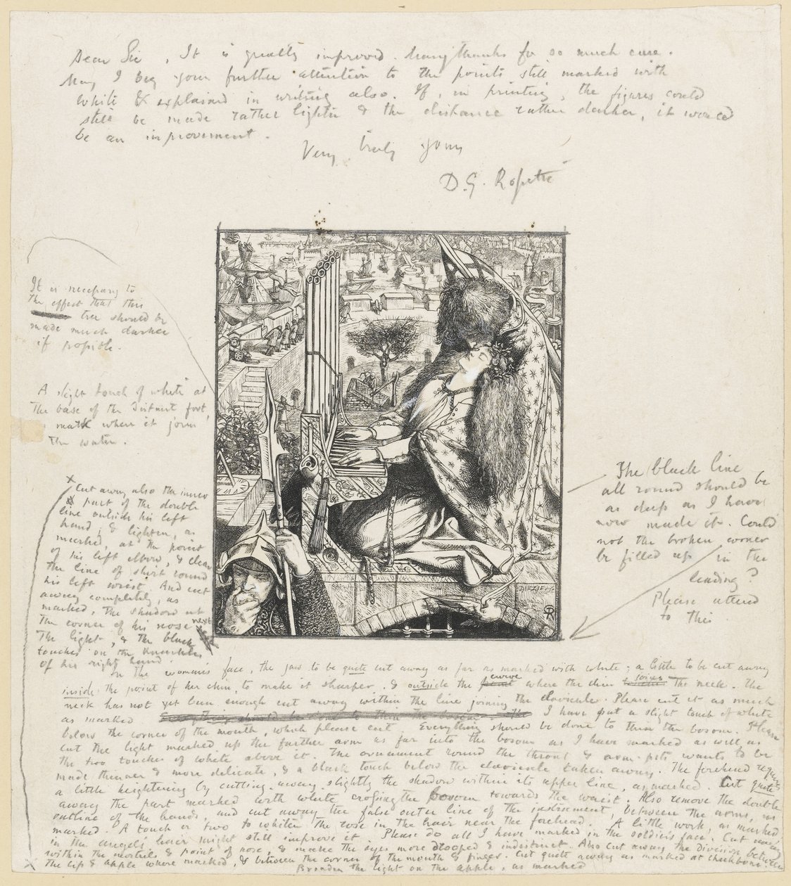St Cecilia The Moxon Tennyson, ca. 1857 (tregravering og blyant på papir) av Dante Gabriel Charles Rossetti
