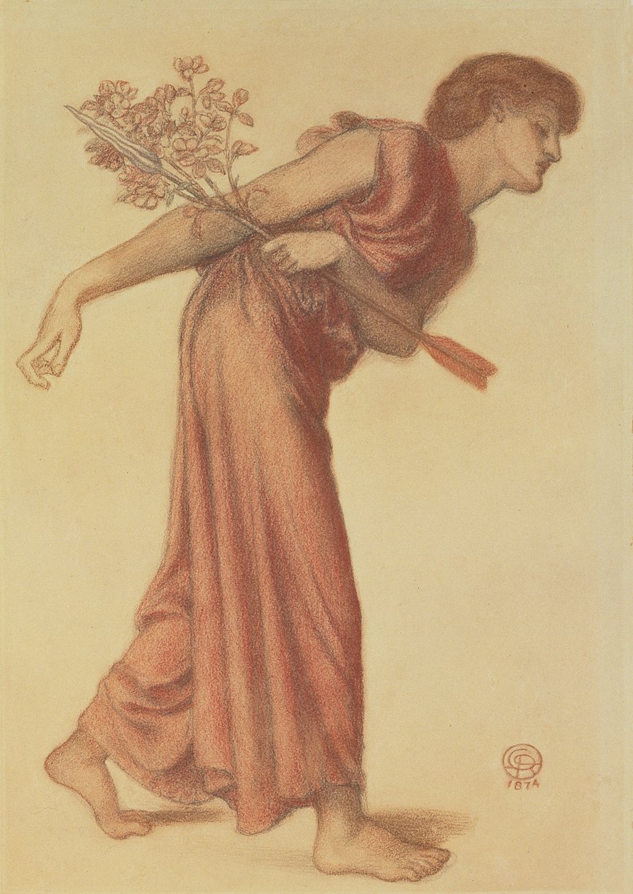 Studie for figuren av kjærlighet i Dantes drøm ved Beatrices død, 1874 (svart og rød fargestift på grønt papir) av Dante Gabriel Charles Rossetti