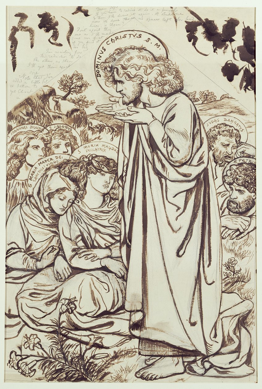 Bergprekenen (blekk, penn og akvarell på papir) av Dante Gabriel Charles Rossetti