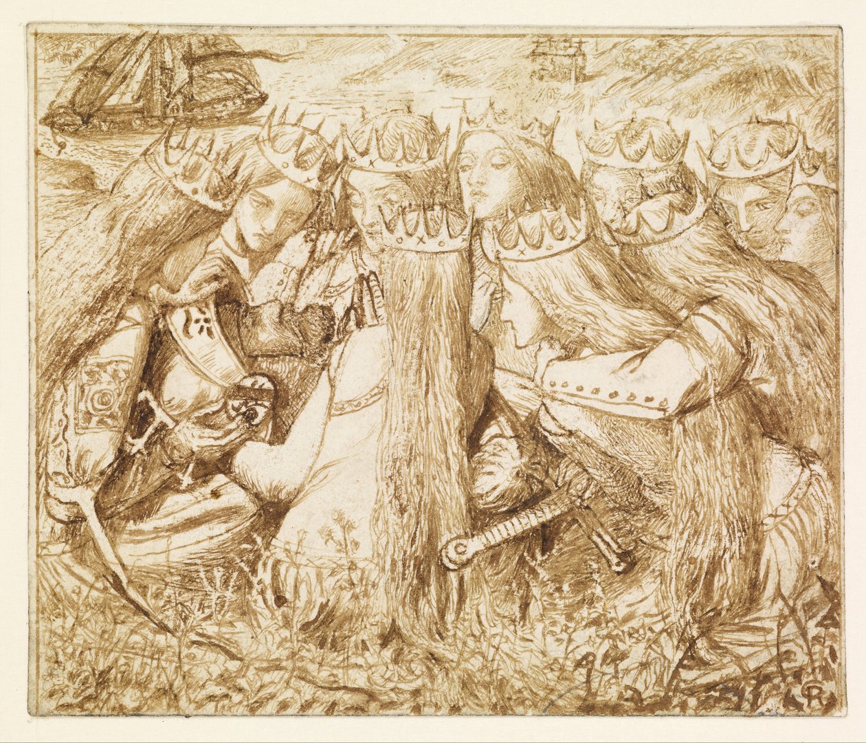 Utforming til Moxons Tennyson - kong Arthur og de gråtende dronningene av Dante Gabriel Rossetti