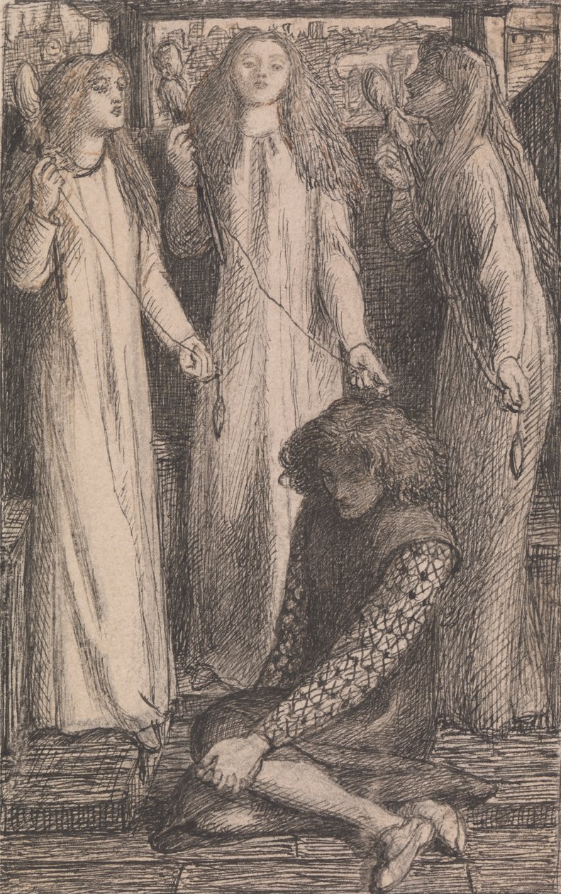 Illustrasjon til tjenestepikene i Elfen-Mere av Dante Gabriel Rossetti