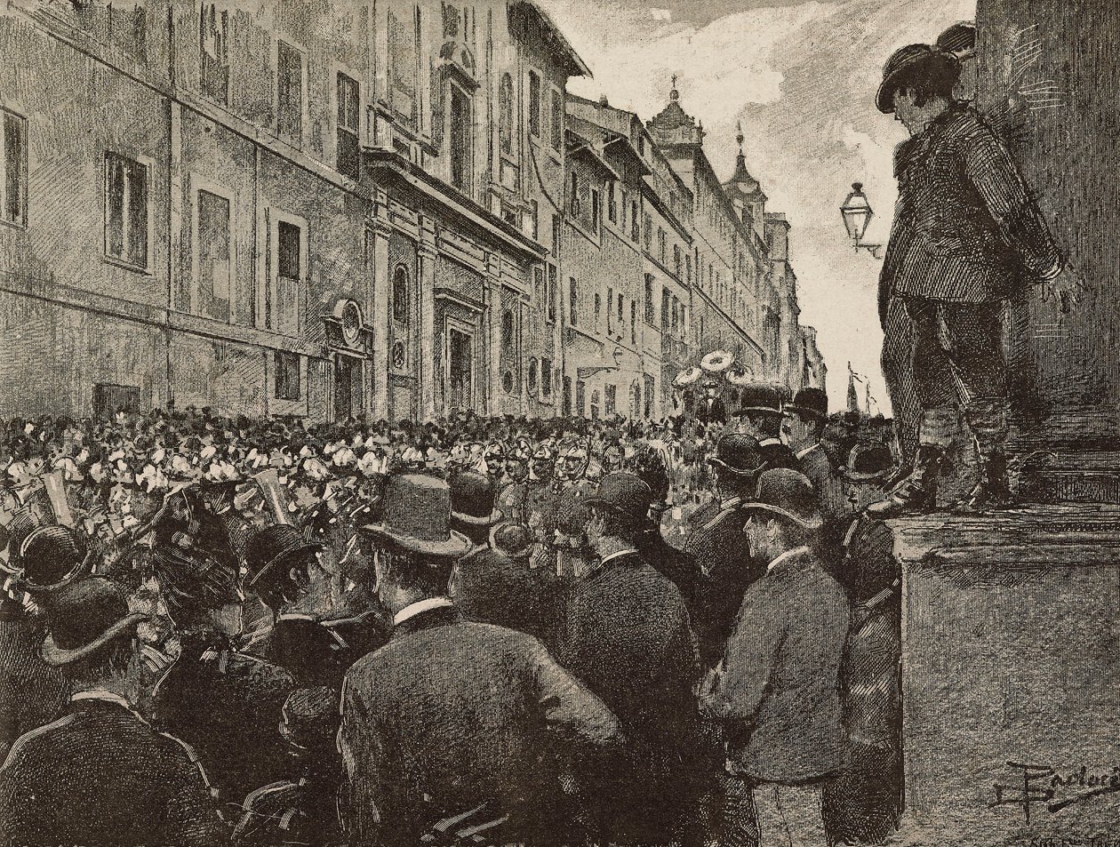 Agostino Bertanis (1812-1886) begravelse, italiensk patriot og politiker, Roma, Italia, tegning av Dante Paolocci, gravering fra L'Illustrazione Italiana, nr. 20, 16. mai av Dante Paolocci