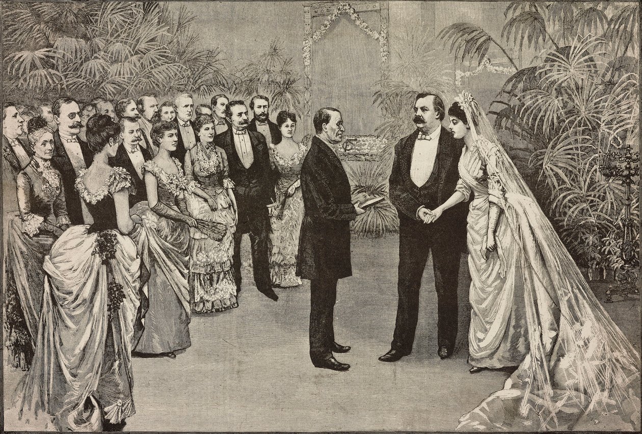 Den amerikanske presidenten Grover Cleveland og Frances Folsoms bryllup, 2. juni, Washington, USA, tegning av Dante Paolocci, gravering fra L'Illustrazione Italiana, nr. 27, 27. juni av Dante Paolocci